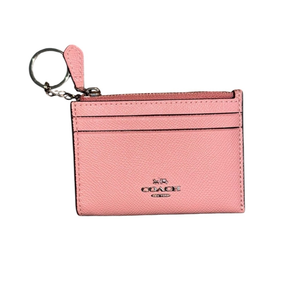 💖 Coach Pink Leather Zip Coin/Card Case with Key Ring 💖